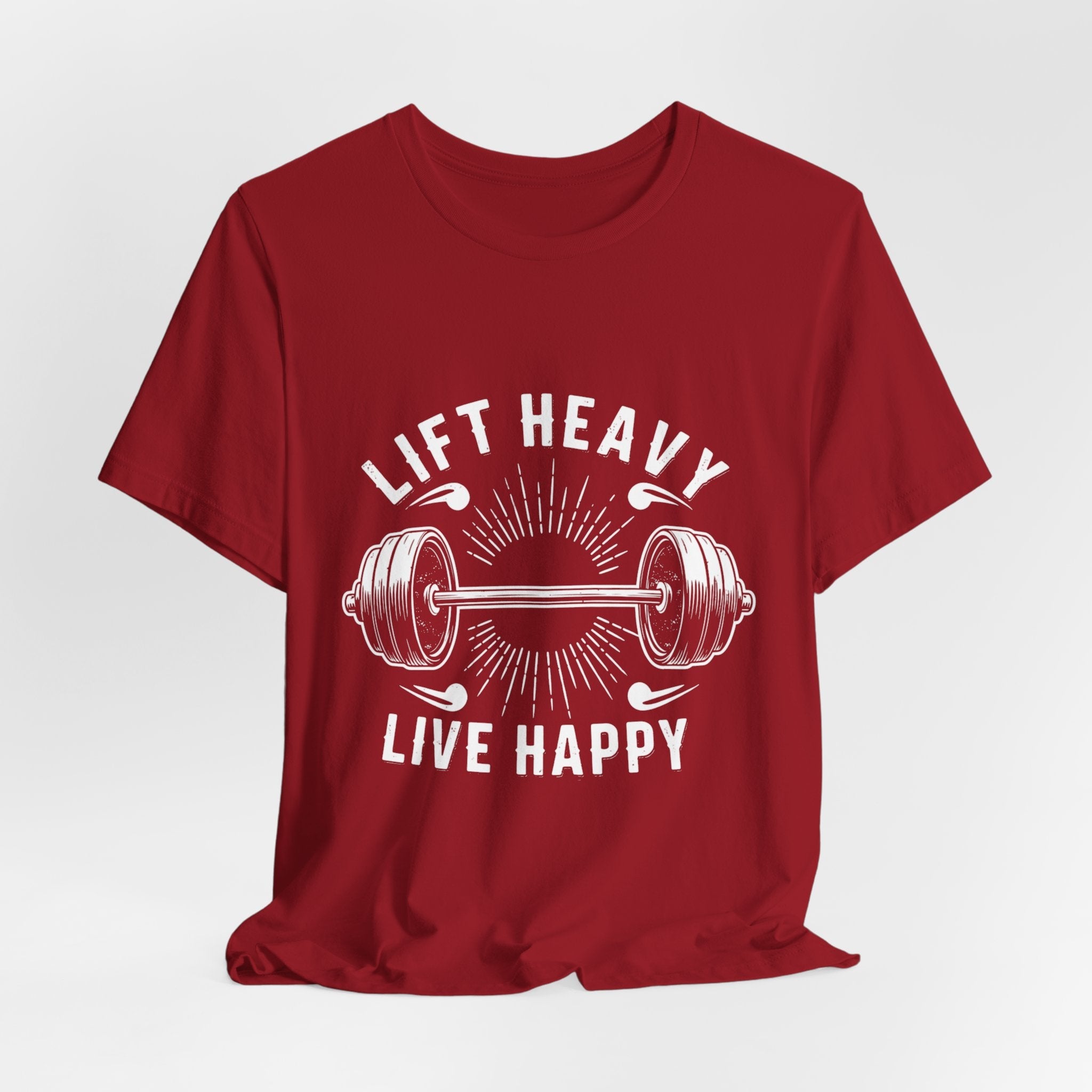 Lift Heavy Live Happy Rays - Sunburst Barbell Tee - Strength Happiness Shirt