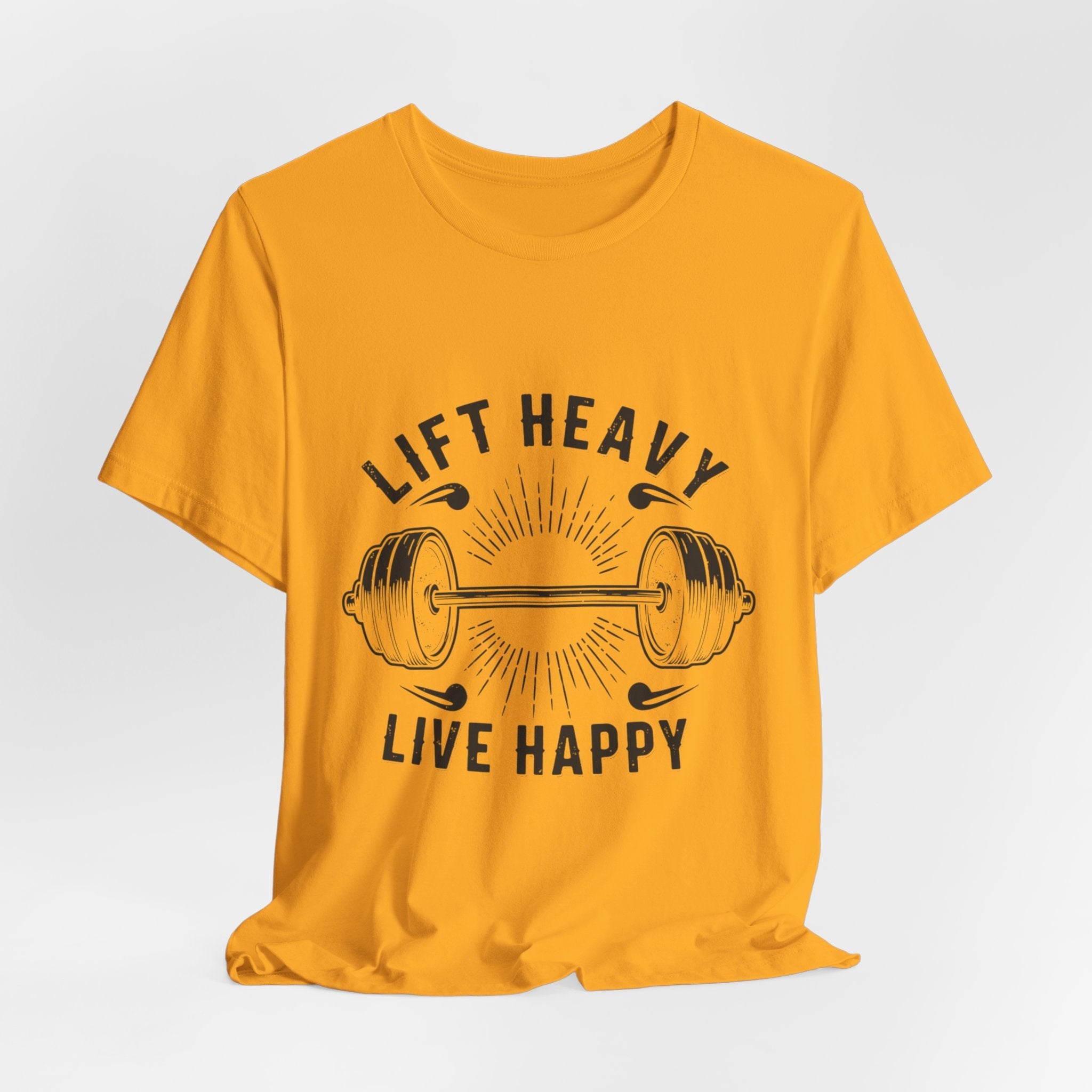 Lift Heavy Live Happy Rays - Sunburst Barbell Tee - Strength Happiness Shirt