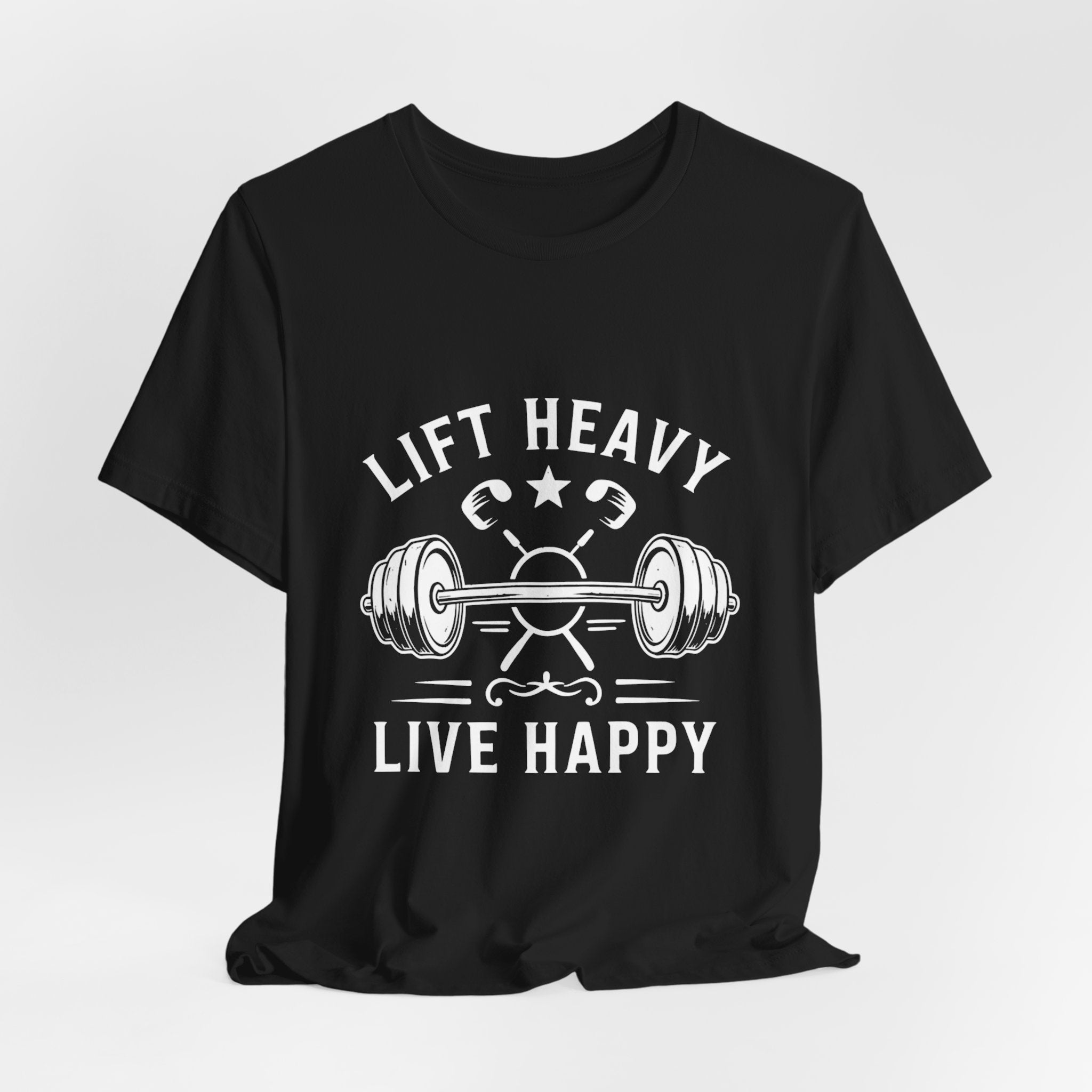 Lift Heavy Live Happy Barbell - Detailed Weight Design - Powerlifting Tee