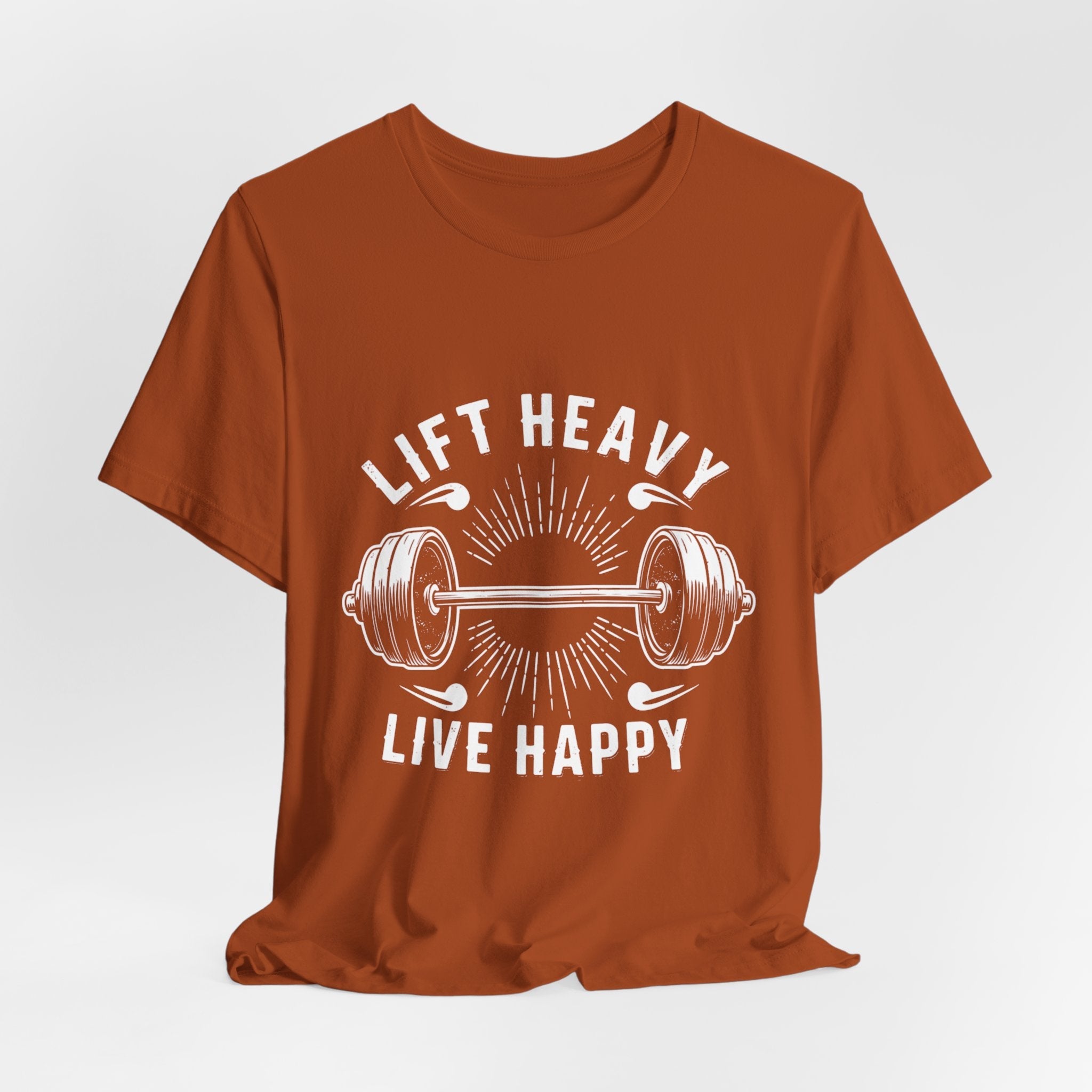 Lift Heavy Live Happy Rays - Sunburst Barbell Tee - Strength Happiness Shirt